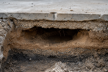 Technical cutaway of a hidden soil void beneath a Bryan concrete slab