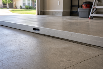 Settled Bryan garage floor being checked with a straightedge