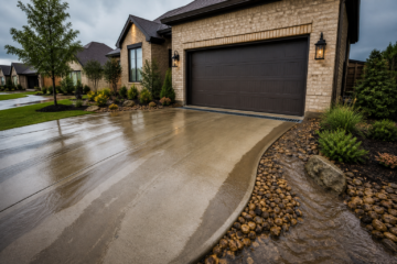 Bryan concrete driveway with channel drain moving rainwater away from garage